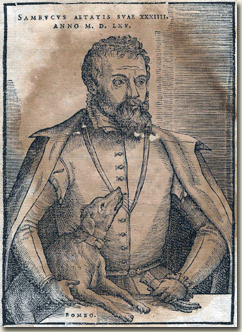 Retrato de Johannes Sambucus en la segunda edición de sus Emblemata (1566) con su perro Bombo